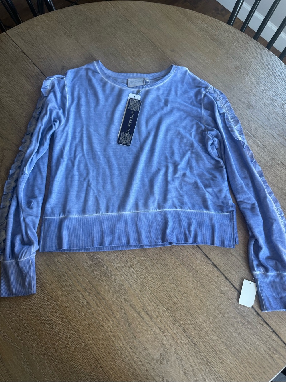 NWT Dantelle Washed Blue Ruffle Sleeve Knit Top Sweatshirt - Size S